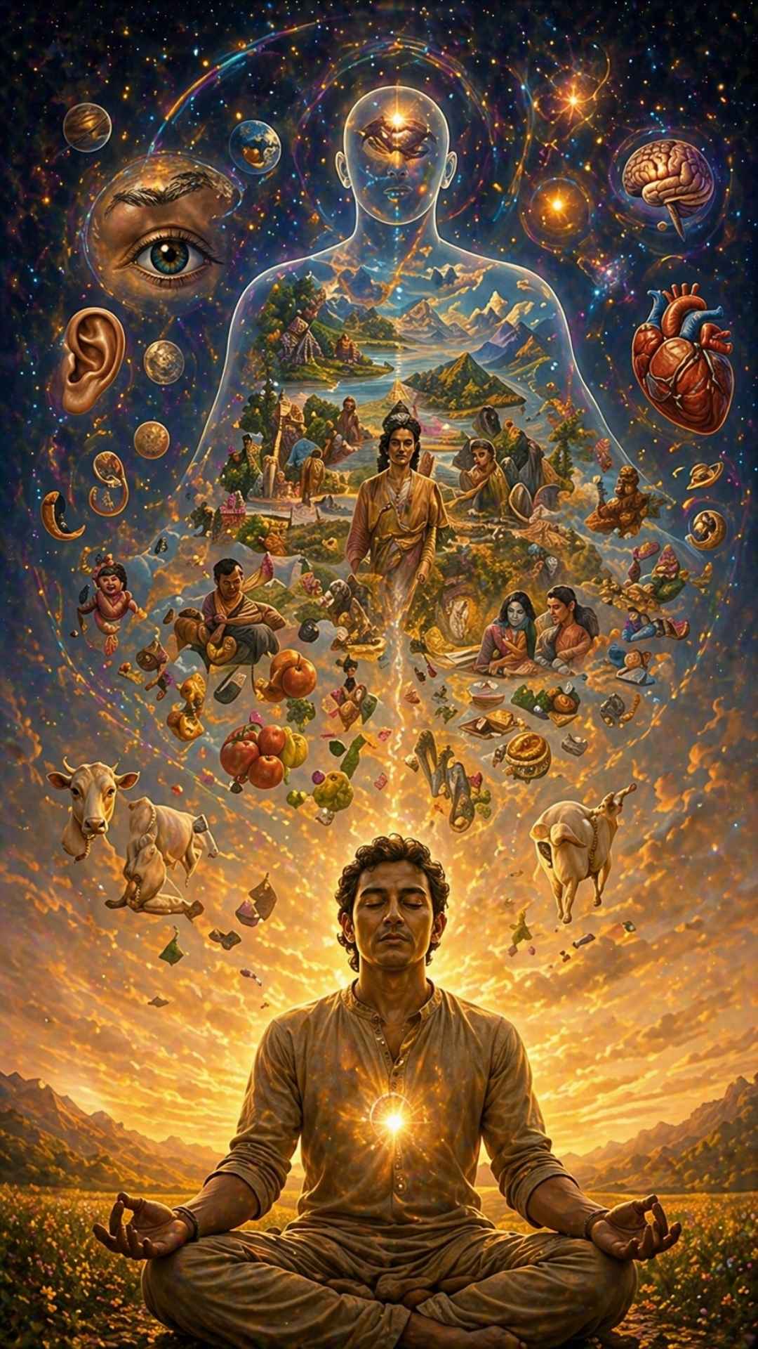 Ein Mensch bei der Erkenntnis so als ob alles Wissen auf einmal um ihn schwebt 