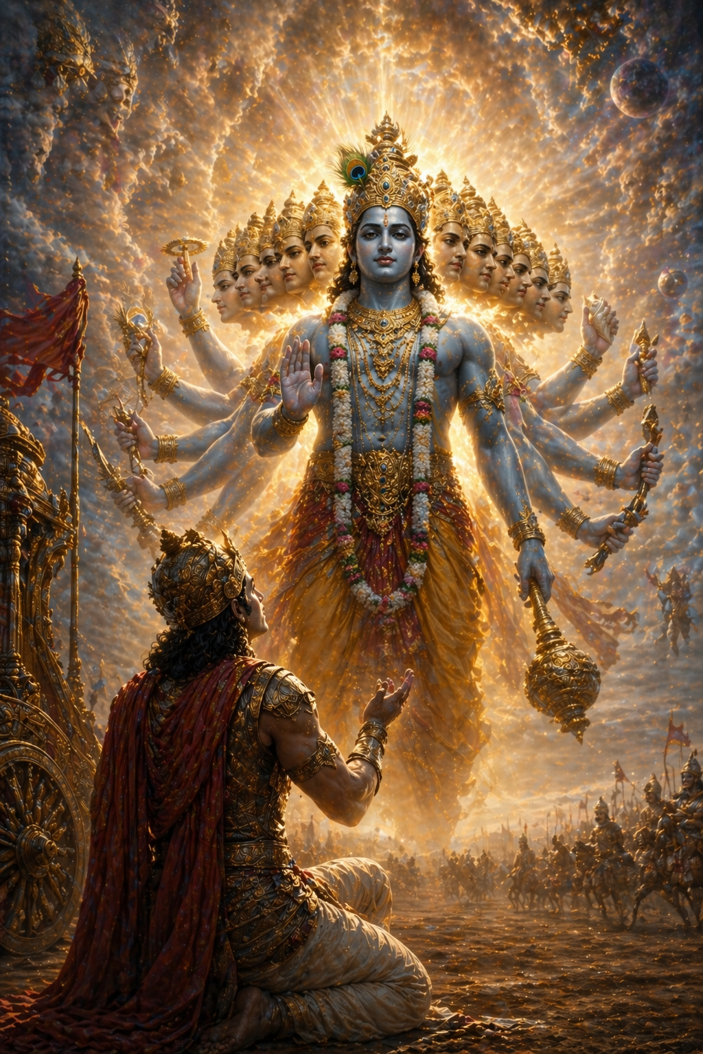 Auf dem Bild sieht man wie Krishna sich in der Bhagavad Gita offenbart