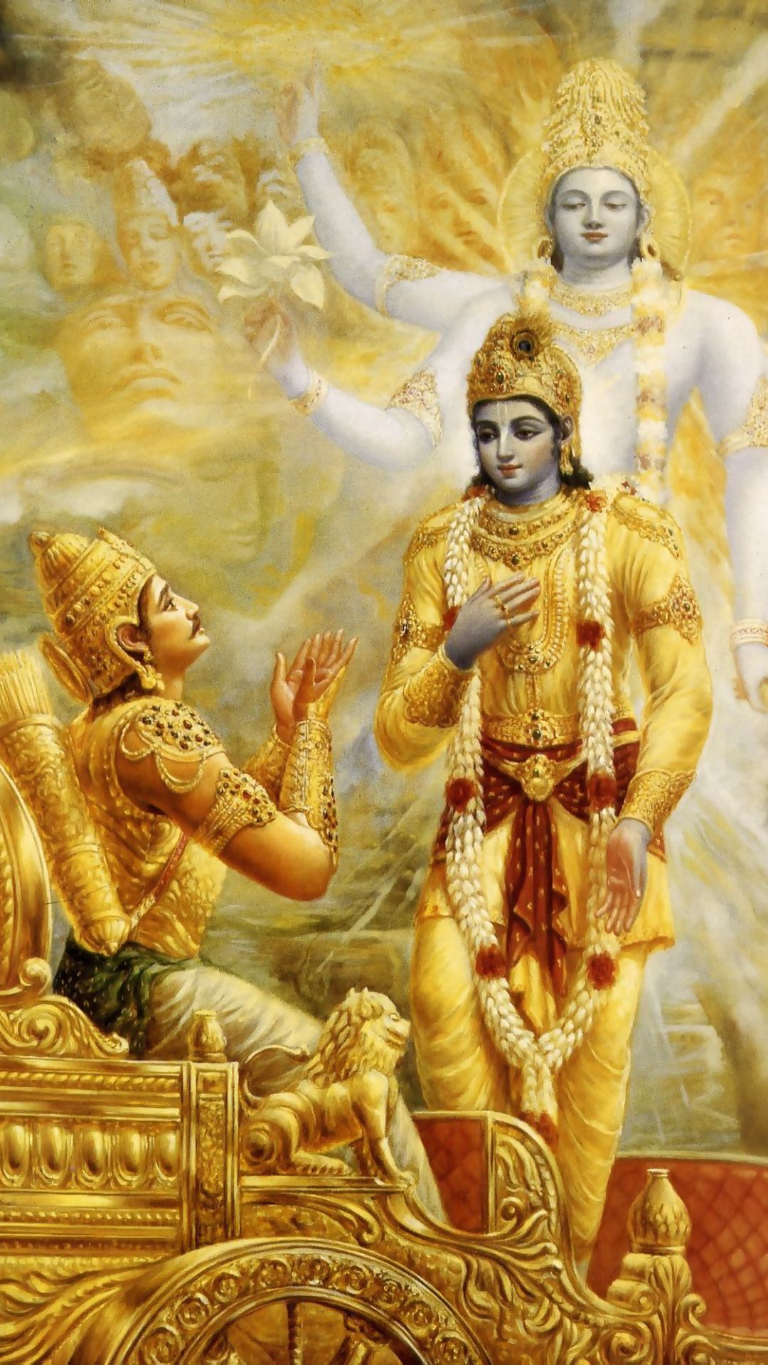 Auf dem Bild sieht man wie sich Krishna offenbart in der Bhagavad Gita