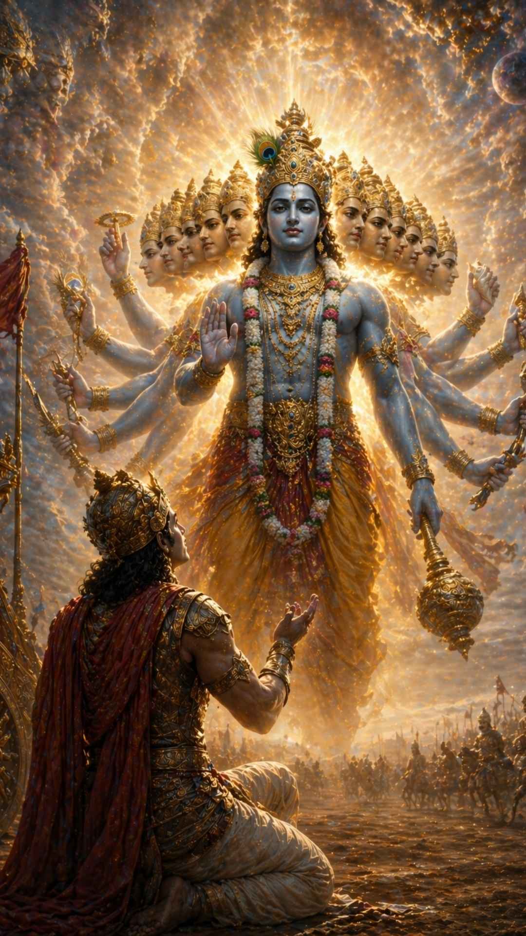 Auf dem Bild sieht man wie sich Krishna offenbart in der Bhagavad Gita