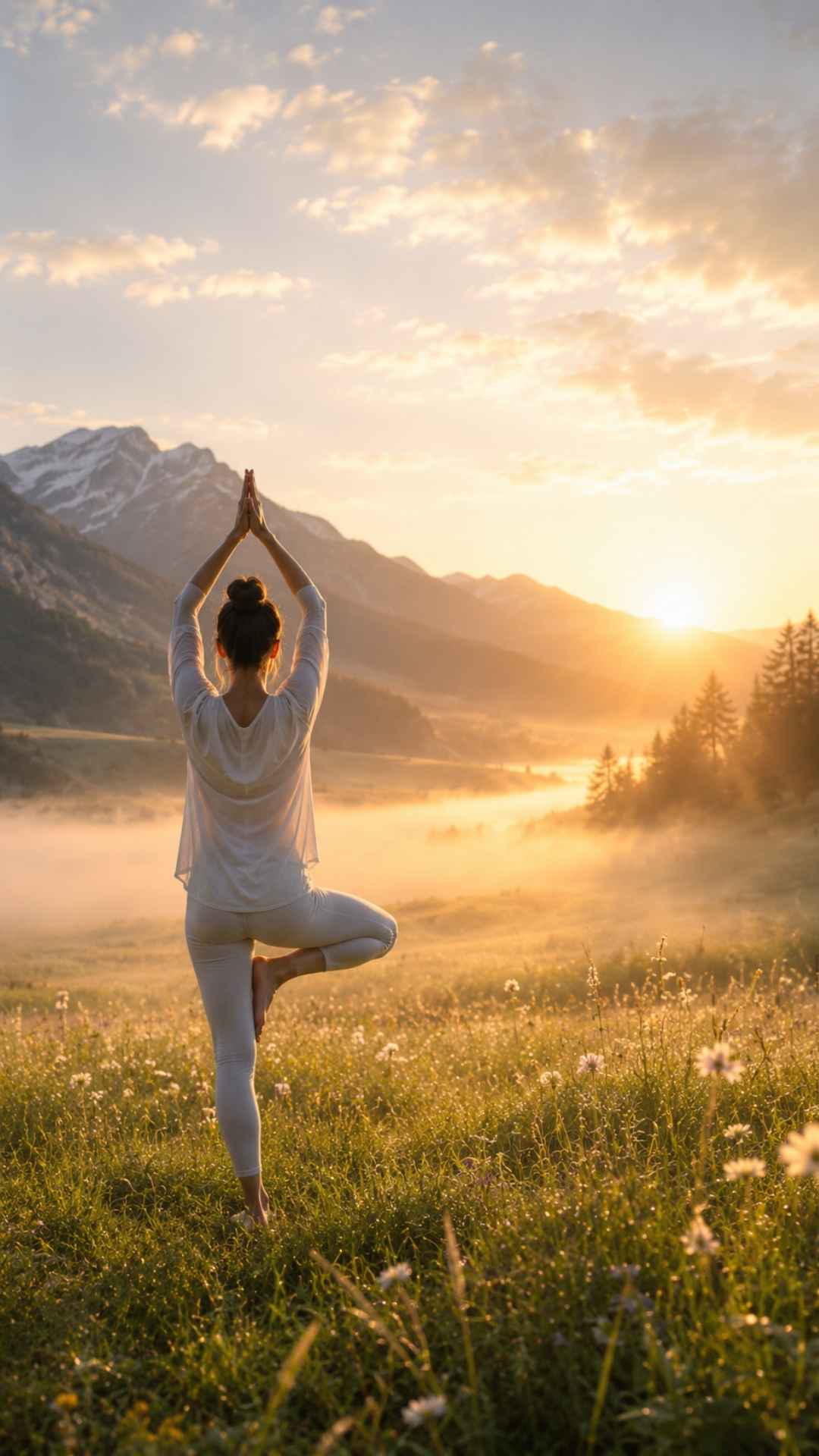 Eine Frau im Sonnenaufgang wie sie eine Yoga Asana macht ganz in Sattva weiß gekleidet