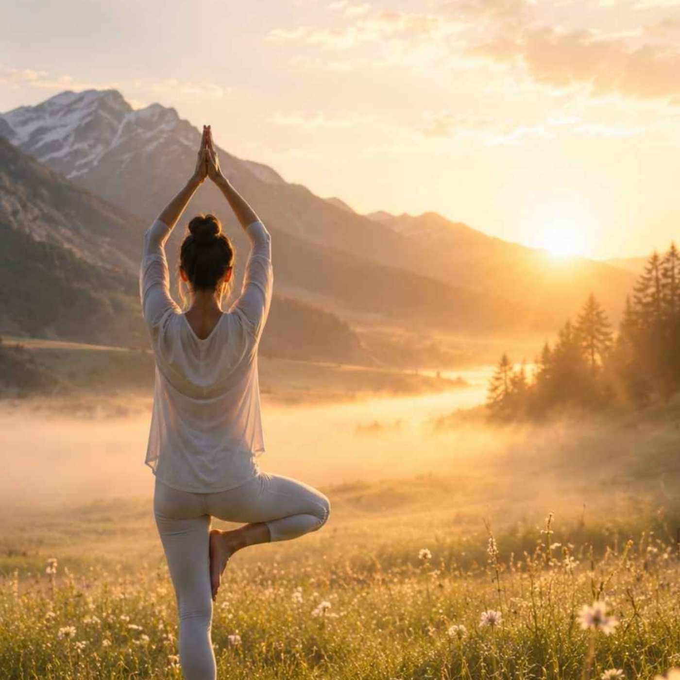 Eine Frau im Sonnenaufgang wie sie eine Yoga Asana macht ganz in Sattva weiß gekleidet