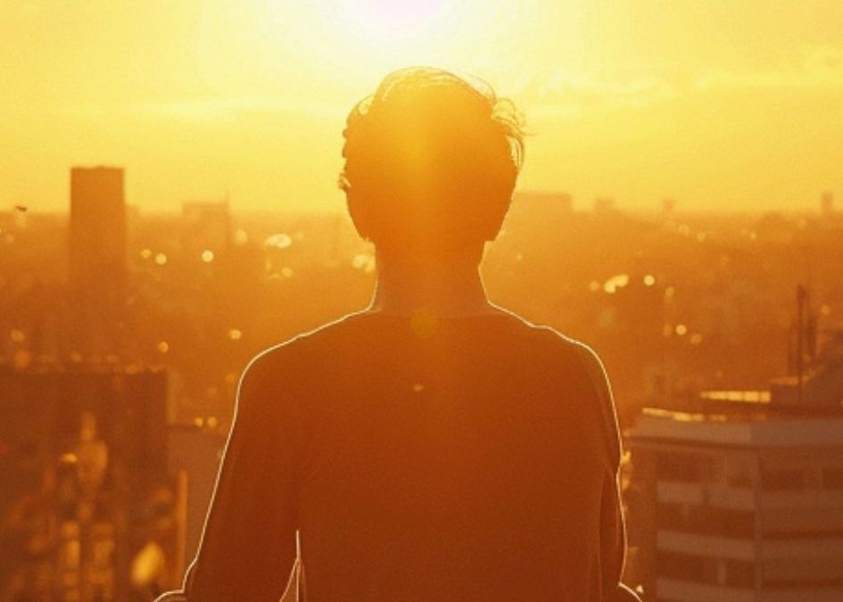 Ein Mann sitzt auf einem Dach und genießt den Sonnenaufgang