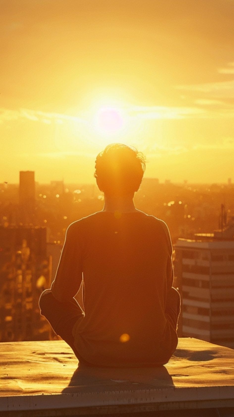 Ein Mann sitzt auf einem Dach und genießt den Sonnenaufgang