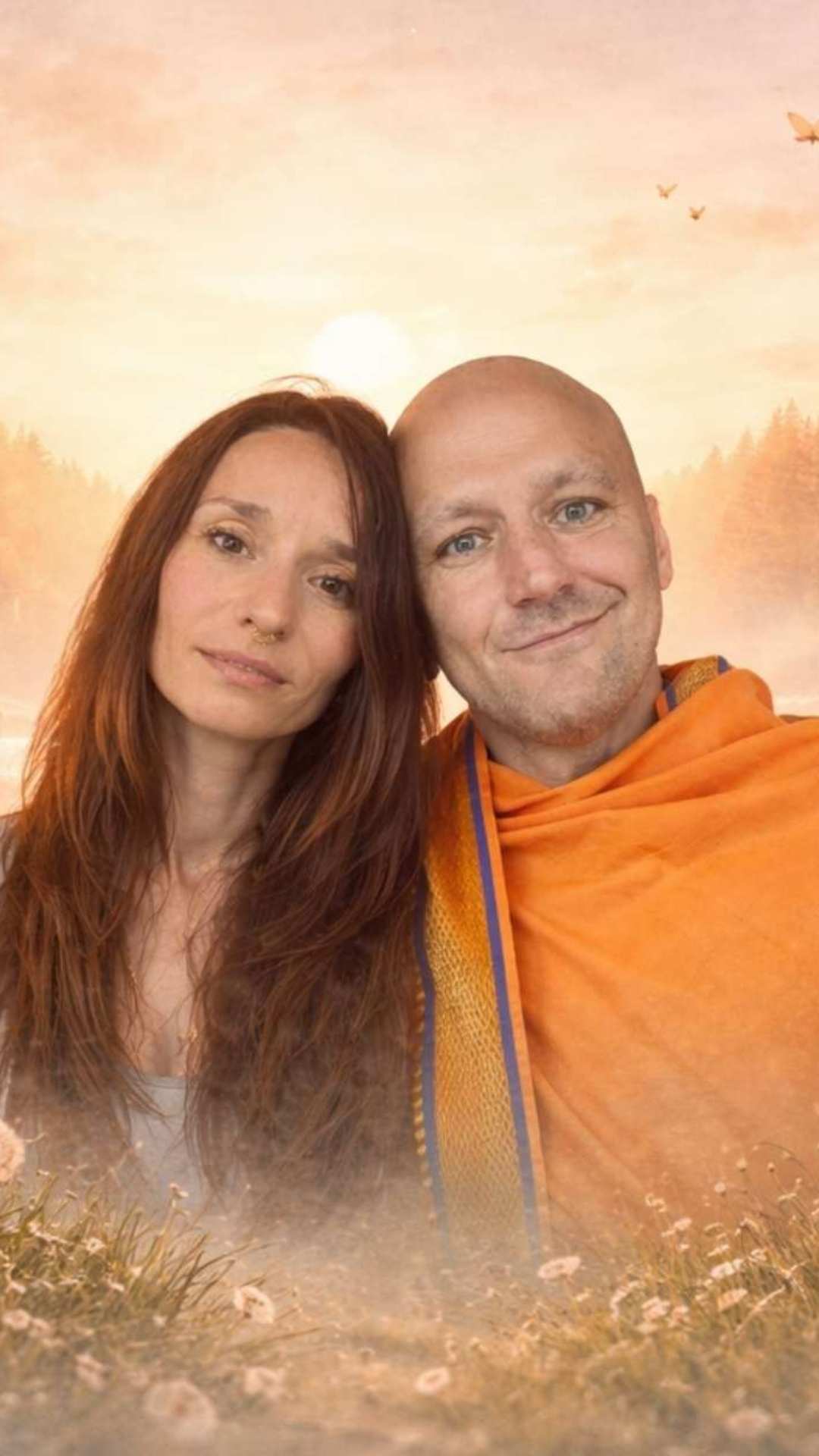 Julia und Kalki wie sich nebeneinander auf einer Blumenwiese in die Kamera lächeln