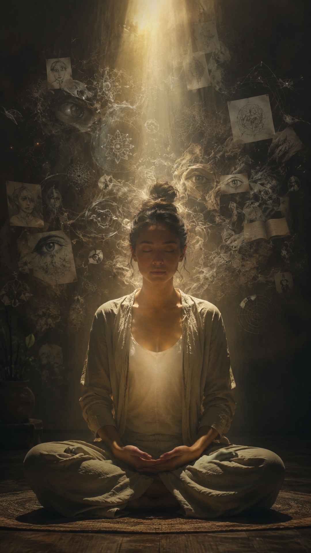 Eine Frau die im Lotus Sitz sitzt, und um ihren Kopf sind Gedanken umrisse sichtbar 