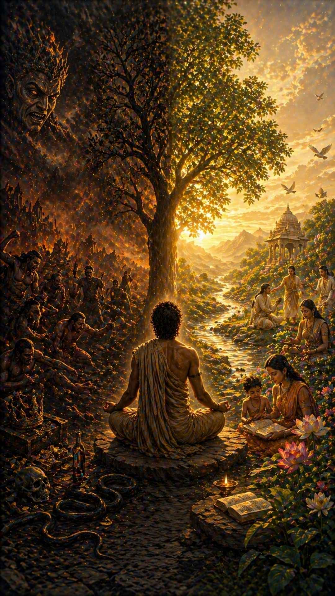 Ein Mann sitzt an der Kruezung zu den 2 Wegen der Linke führt in die Dunkelheit der Rechte ins Licht 